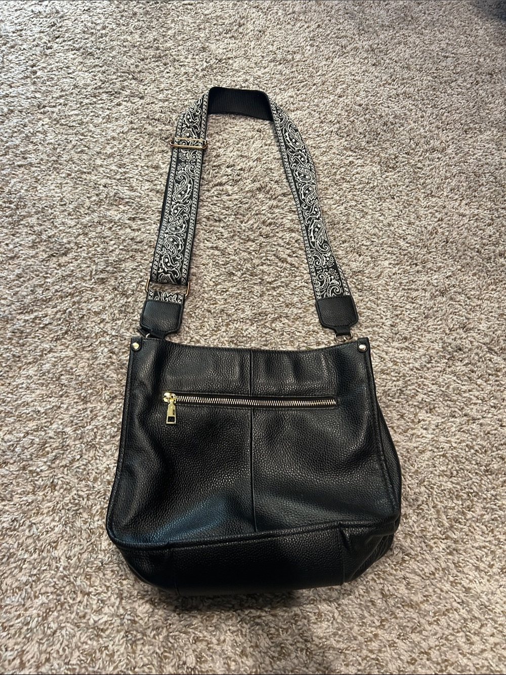 Black Pebbled Leather Shoulder Bag with Patterned Adjustable Strap